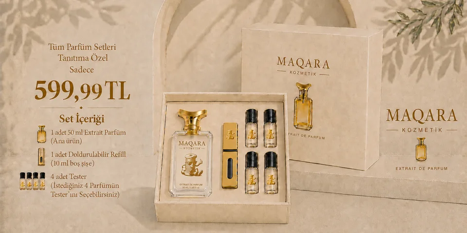 Maqara Kozmetik parfüm seti. Açık hediye kutusunda 1 adet 50 ml Extrait de Parfum, 1 adet doldurulabilir refill şişe ve istediğiniz kokulardan seçebileceğiniz 4 adet tester. Tüm parfüm setleri tanıtıma özel sadece 599,99 TL.