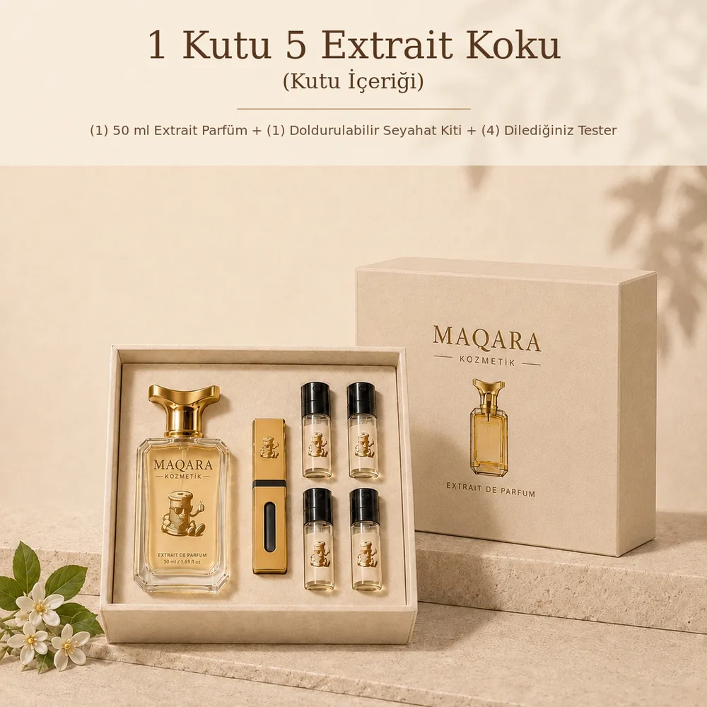 Kutu içeriği: 50 ml Extrait Parfüm, doldurulabilir seyahat şişesi ve dört tester
